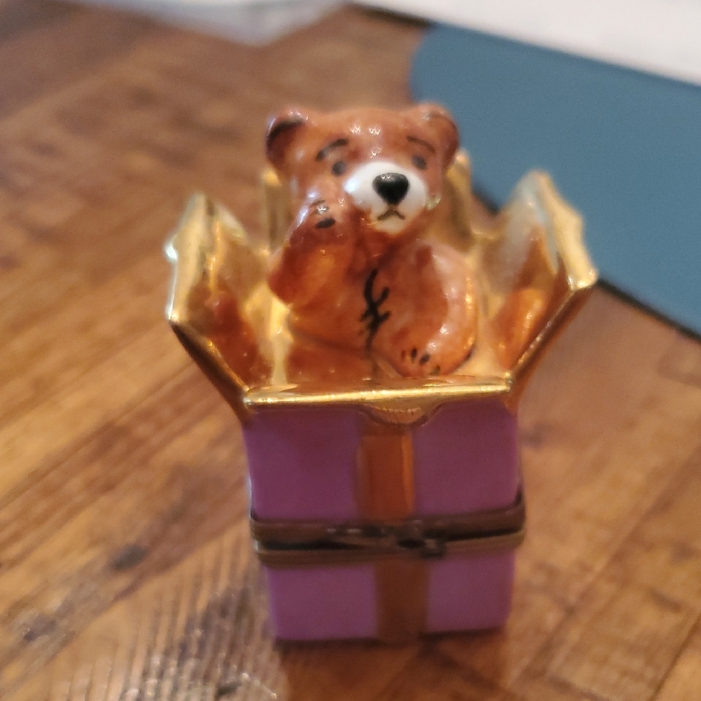 LIMOGE Bear Trinket Box with Gold and Purple Accents. VINTAGE